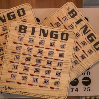 Vintage Bingo cards laid out for a game night.