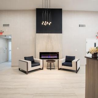 A modern lounge area featuring stylish chairs and a cozy fireplace.