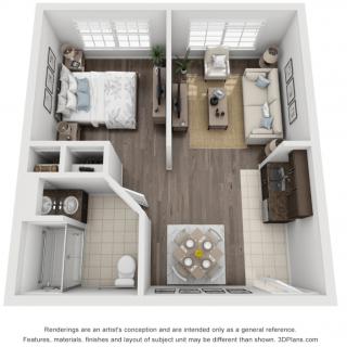 3D floor plan of a compact one-bedroom apartment featuring a living room, kitchen, dining area, and bathroom.