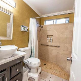 A modern bathroom featuring a walk-in shower, toilet, and a vanity with a vessel sink.