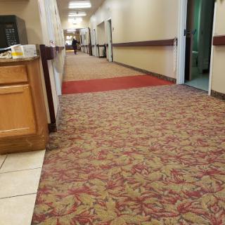 A view of a hallway with patterned carpet and wooden cabinets on one side.