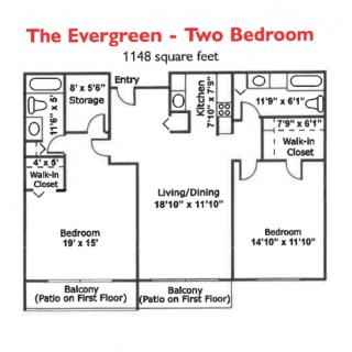 The Evergreen two-bedroom apartment floor plan featuring living/dining area, kitchen, bathroom, and balconies.