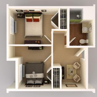 A 3D floor plan of a two-bedroom apartment featuring a kitchen, living room, and bathroom.