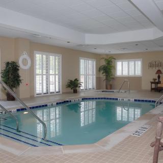 A serene indoor swimming pool area with large windows and plants enhancing the ambiance.