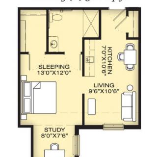 A floor plan of an apartment showing living, kitchen, sleeping, and study areas.