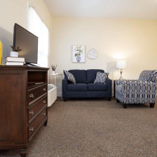 A cozy living room with a sofa, armchair, TV, and decorative elements.