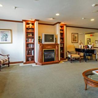A cozy living room featuring a central fireplace with surrounding bookshelves and a TV, complemented by elegant furniture and soft lighting.