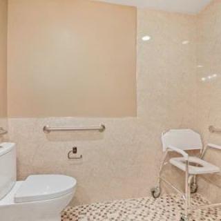 An accessible bathroom equipped with a toilet, a shower chair, and grab bars.