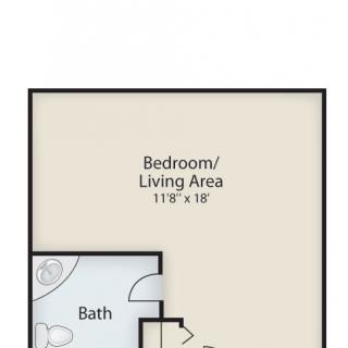 Studio apartment layout with a combined bedroom and living area, including a bathroom.