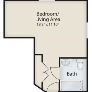 A studio apartment floor plan featuring a combined bedroom/living area and a bathroom.