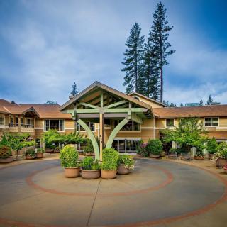 The exterior entrance of a hotel surrounded by lush landscaping and tall trees.