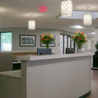 A welcoming reception area featuring modern decor, bright lighting, and floral arrangements.