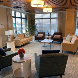 A modern lobby with comfortable seating and stylish decor.