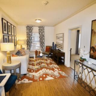 A cozy living room with contemporary decor, featuring a vibrant rug and stylish furniture.