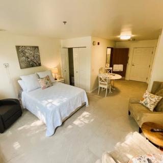 A cozy apartment interior with a neatly arranged bedroom and living area.