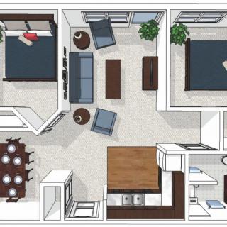 A floor plan of a two-bedroom apartment with a kitchen, living room, and dining area.