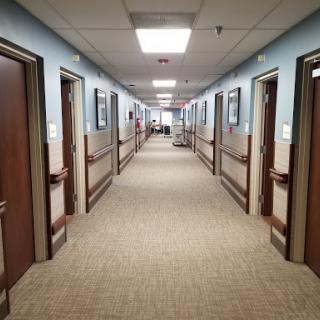 A view of a hospital hallway lined with patient rooms.