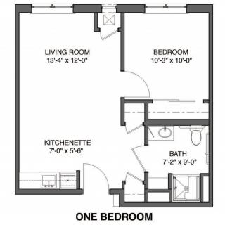 A one-bedroom apartment floor plan showing a living room, kitchenette, bathroom, and bedroom.