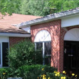 A charming brick house with large windows, surrounded by lush greenery and vibrant flowers.