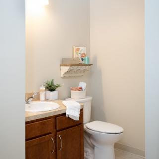 A modern bathroom featuring a toilet and sink with decorative elements.