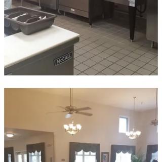 A commercial kitchen setup with stainless steel appliances and a spacious home interior featuring ceiling fans and large windows.