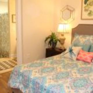 A cozy bedroom with colorful bedding, a bedside lamp, and a plant for decoration.