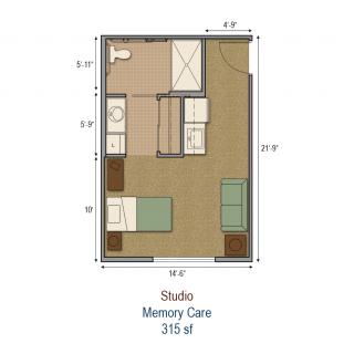 Studio Memory Care Floor Plan - 315 square feet.