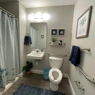 A modern bathroom with a toilet, sink, mirror, and shower curtain, decorated with plants and wall art.