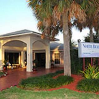 An inviting building entrance with a palm tree and landscaped surroundings.