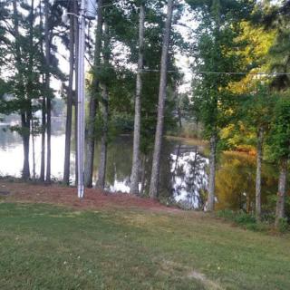 A serene lakeside view with trees reflecting on the water.