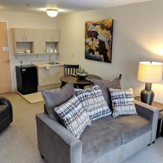 A cozy living room setup featuring a gray couch with decorative pillows, a small dining area, and a kitchenette.