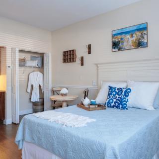A cozy bedroom with a neatly made bed, featuring blue accents and decorative elements, including a painting and a robe hanging in an open closet.