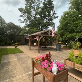 A serene garden space featuring vibrant flowers, greenery, and an American flag.