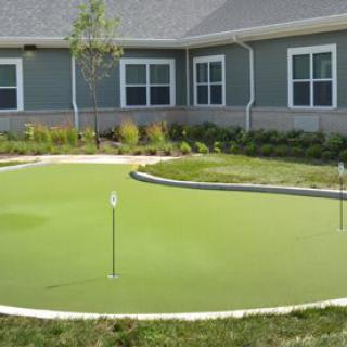A backyard putting green with artificial turf for golf practice.