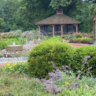 A serene garden with lush greenery and a gazebo in the background.