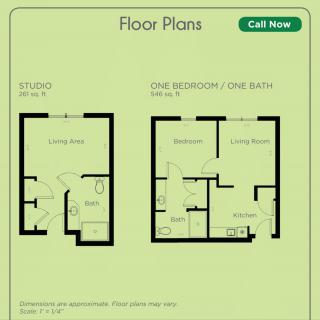 Floor plans showing a studio and one-bedroom apartment layout.