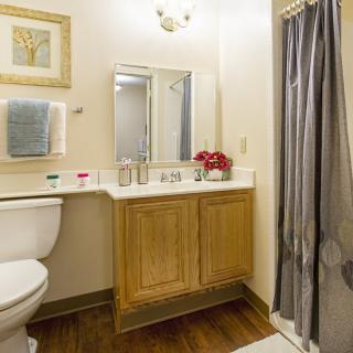 A small bathroom featuring a mirror, sink, and toilet with decorative accents.