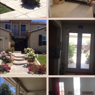 A collage showcasing the exterior and interior of a house, featuring a landscaped front yard, entrance, and living room area.