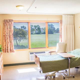 A serene hospital patient room featuring a view of greenery outside the window.