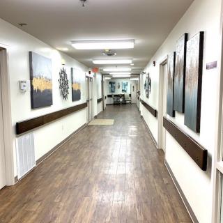 A well-lit hallway adorned with artwork along the walls.