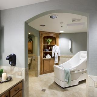 A luxurious spa bathroom featuring a large bathtub and elegant decor.
