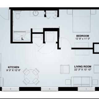 A floor plan of a one-bedroom apartment featuring a kitchen, living room, and bathroom.