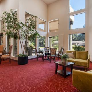 A spacious lobby with comfortable seating, large windows, and indoor plants.