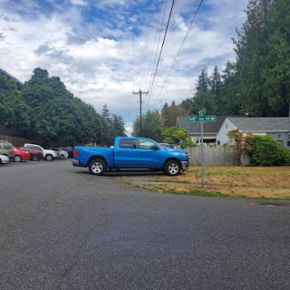 A blue truck parked on a quiet street surrounded by houses and greenery.