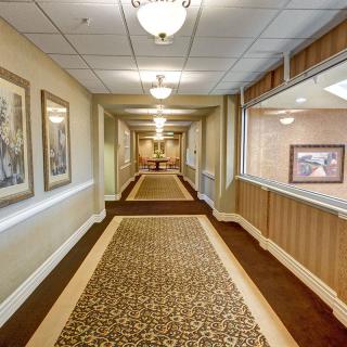 A well-lit hotel hallway with elegant decor and carpeting.