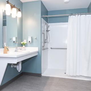 A modern bathroom featuring a sleek design with blue walls, a spacious shower area, and a minimalist vanity.