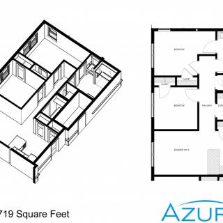 A detailed floor plan and 3D layout of an apartment with various rooms and spaces.