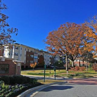A university campus with autumn foliage and clear blue sky.