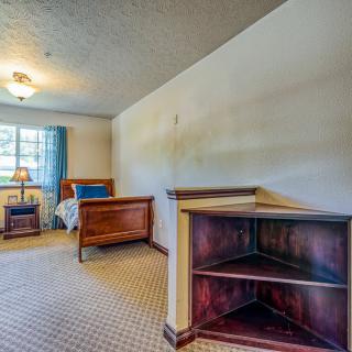 A cozy bedroom with a wooden bed frame, carpeted floor, and a corner shelf. The room is well-lit by a lamp and natural light from the window.