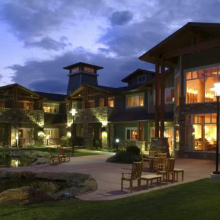 A luxurious house illuminated at night with a landscaped garden.